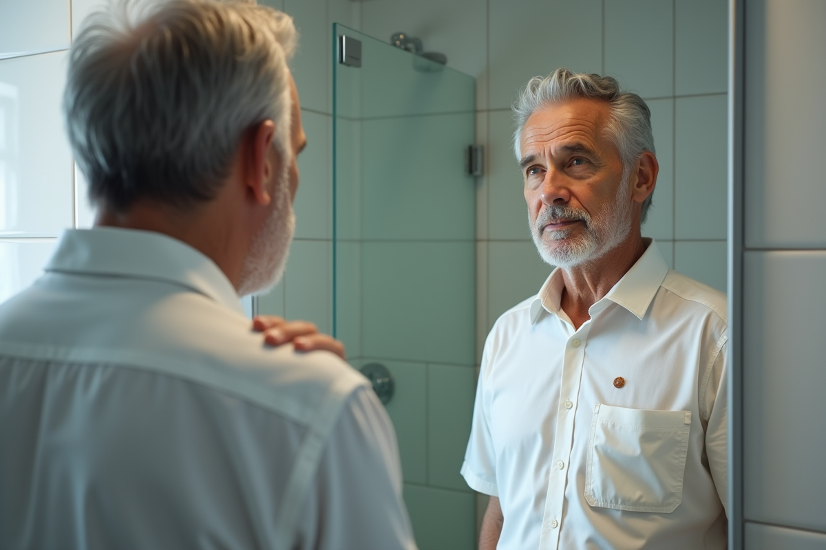 Homme vérifiant une mole dans sa salle de bain