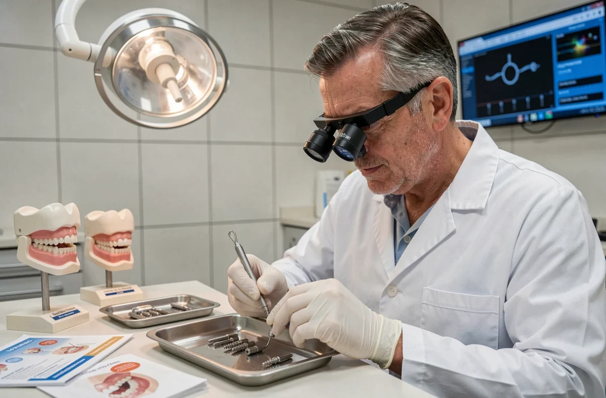 Chirurgien-dentiste spécialisé en implantologie préparant une pose d'implant dans un cabinet de l'Ain