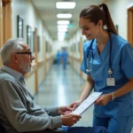 Infirmière en blouse bleue rassure un patient âgé dans un couloir