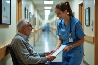 Infirmière en blouse bleue rassure un patient âgé dans un couloir