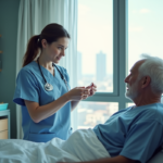 Infirmière expliquant médication à un patient âgé