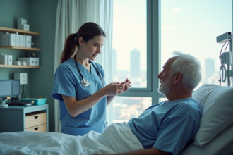 Infirmière expliquant médication à un patient âgé