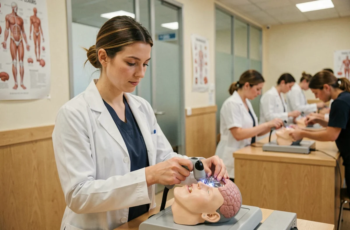 Interne en neurochirurgie s'entraînant sur un simulateur haptique dans une faculté de médecine à Tours