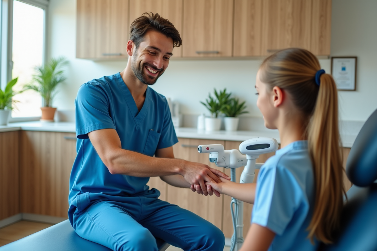 Jeune dermatologue effectuant un scan de peau sur un adolescent