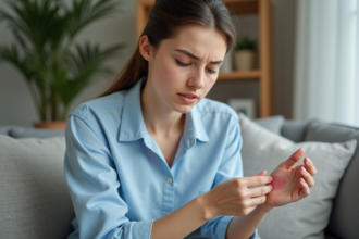 Jeune femme examine une tache rouge sur son bras