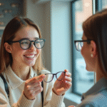 Jeune femme souriante essayant des lunettes dans un magasin