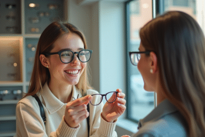 Jeune femme souriante essayant des lunettes dans un magasin