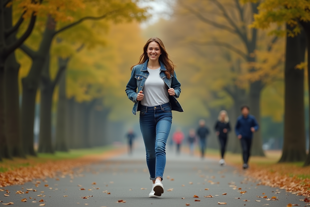 Jeune femme marche dans un parc avec un sourire sincère