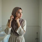 Jeune femme musulmane en hijab dans une salle de bain lumineuse