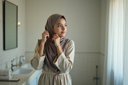 Jeune femme musulmane en hijab dans une salle de bain lumineuse