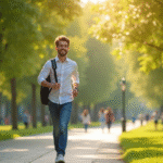 Jeune femme souriante marchant dans un parc urbain ensoleille