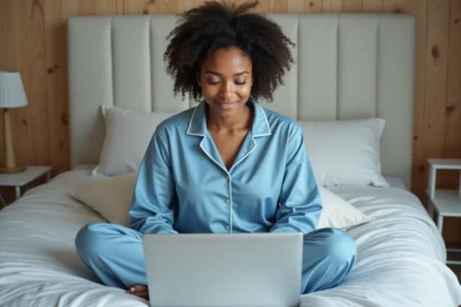 Jeune femme en pyjama lisant des résultats de sommeil