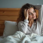 Jeune femme en pyjama s'étire au réveil dans une chambre moderne