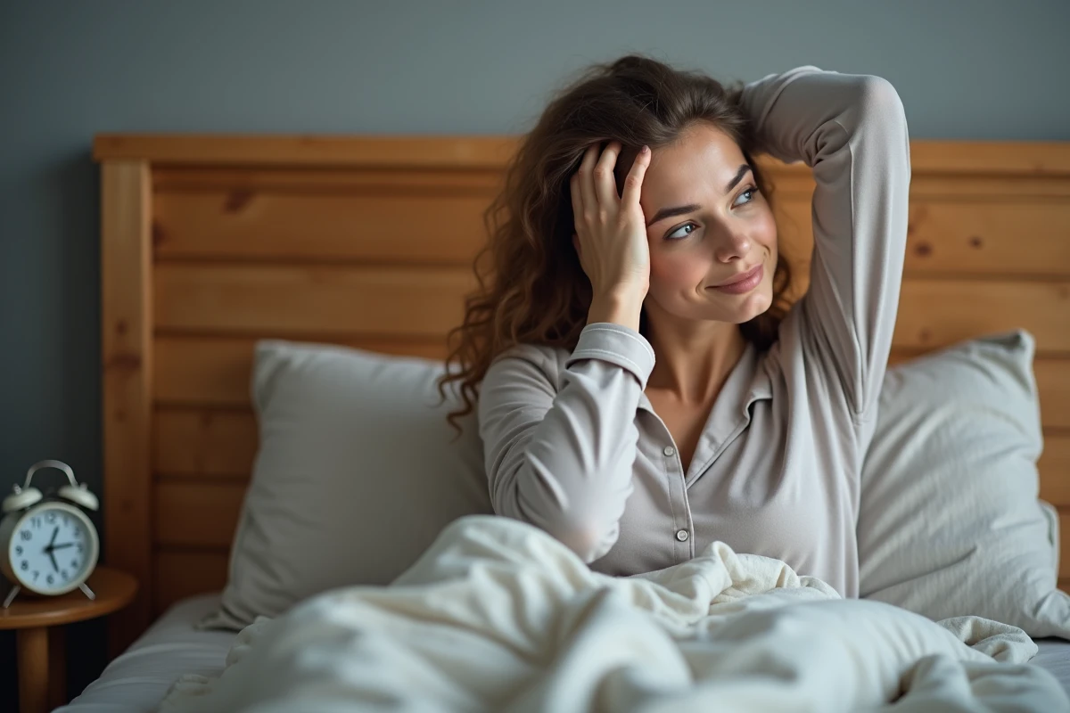 Jeune femme en pyjama s'étire au réveil dans une chambre moderne