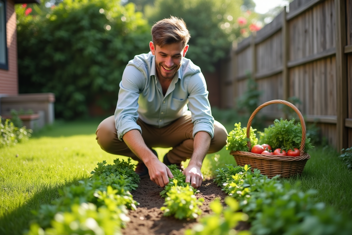 Jeune homme cueillant du persil dans un jardin ensoleille
