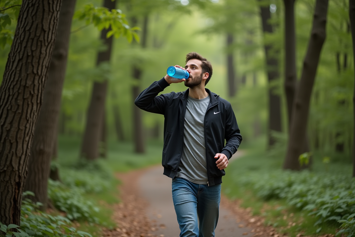 Jeune homme courant dans une forêt