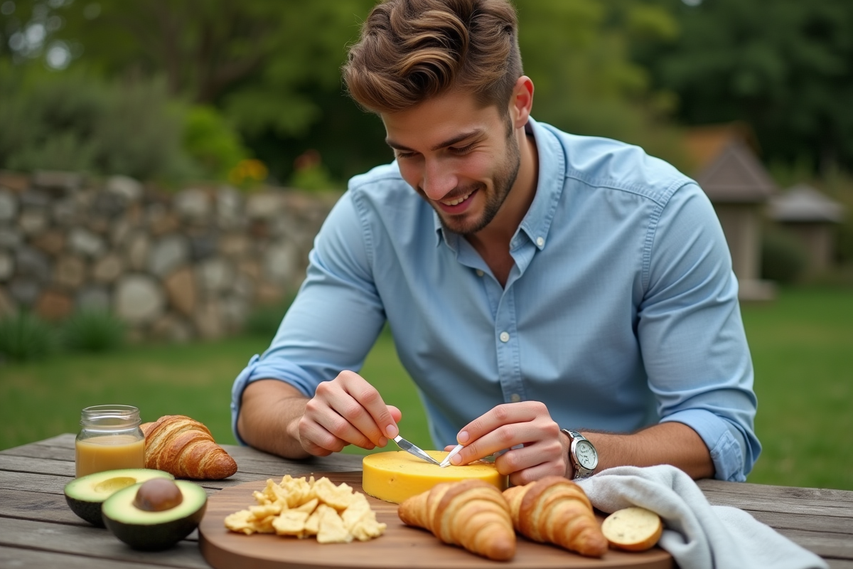 Jeune homme préparant un pique-nique dans un jardin