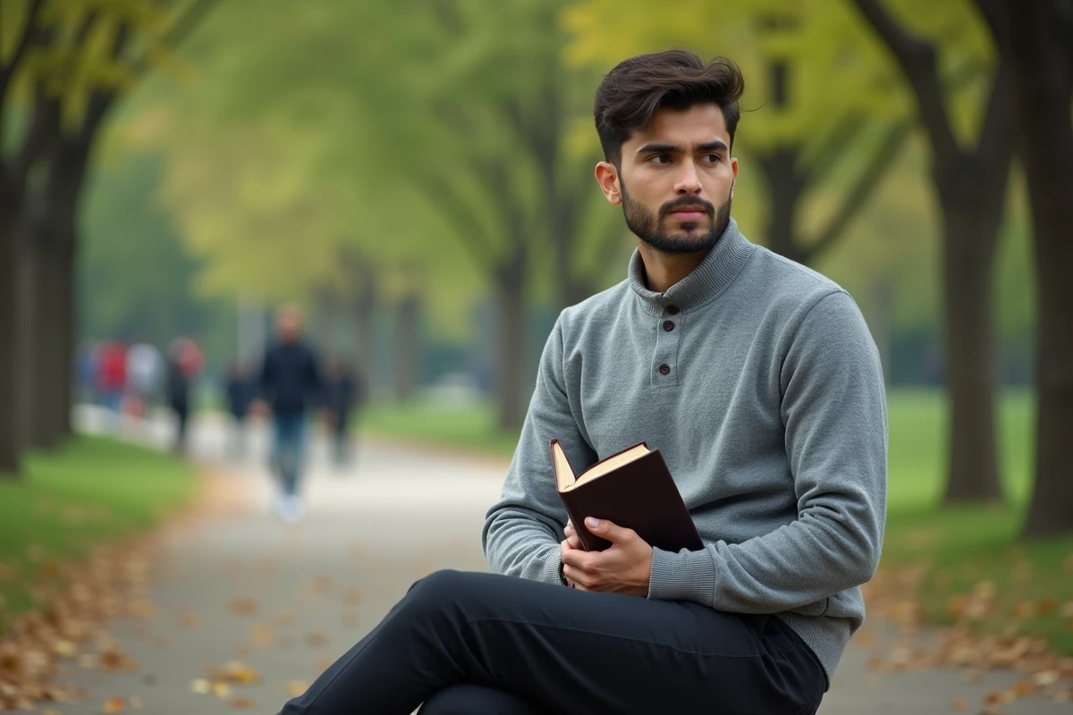 Jeune musulman assis dans un parc avec un Quran en main