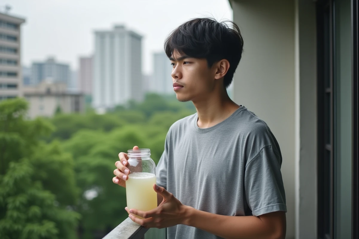 Jeune homme regardant un bocal d