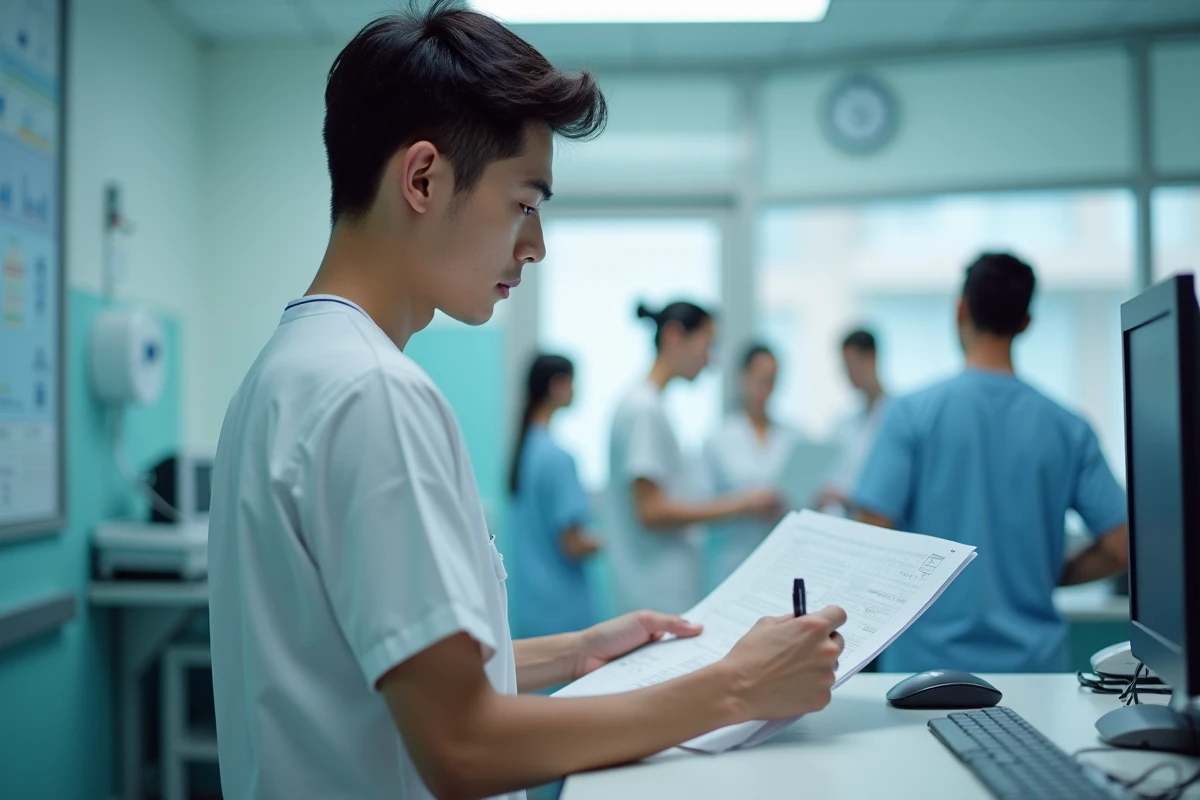 Jeune infirmier en uniforme blanc consulte un dossier médical