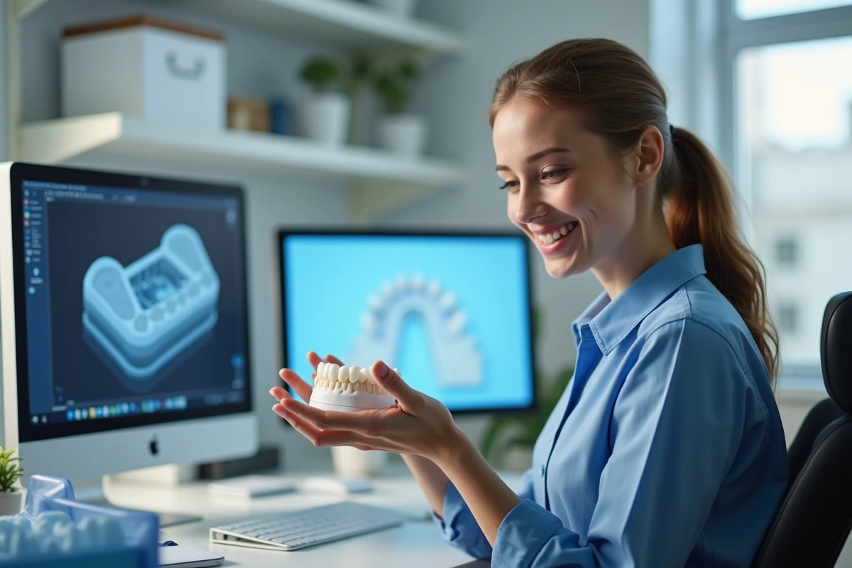 Jeune prothesiste dentaire examinant un bridge imprimé en 3D