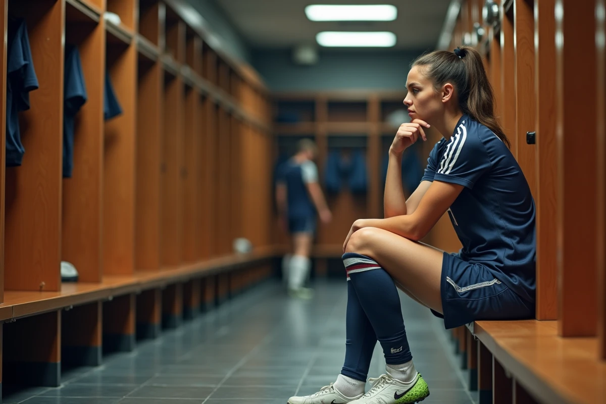 Joueuse de football assise sur un banc de vestiaire