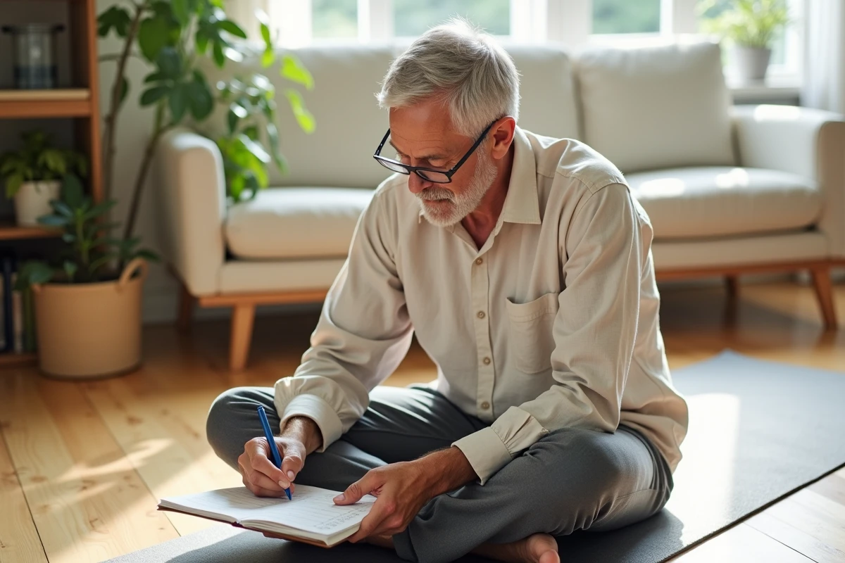 Homme senior notant ses progrès de mobilité articulaire dans un journal de bien-être posé sur un tapis de yoga dans un salon lumineux