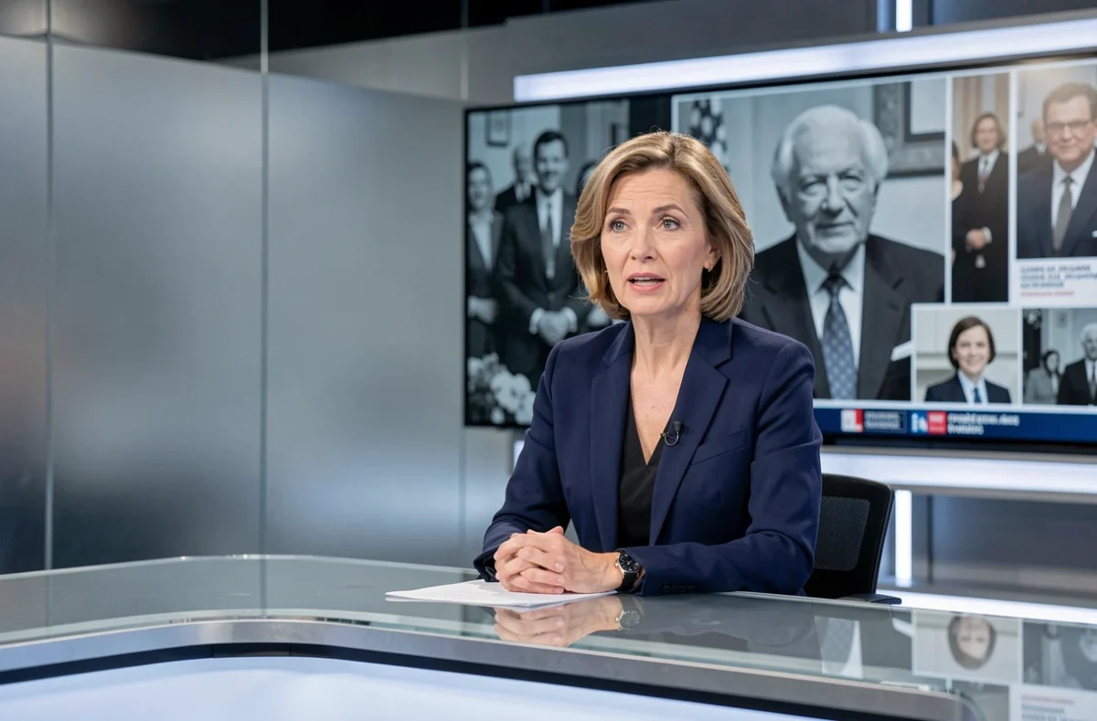 Journaliste française présentant un bulletin d'information télévisé avec images d'archives d'un homme politique libéral en arrière-plan