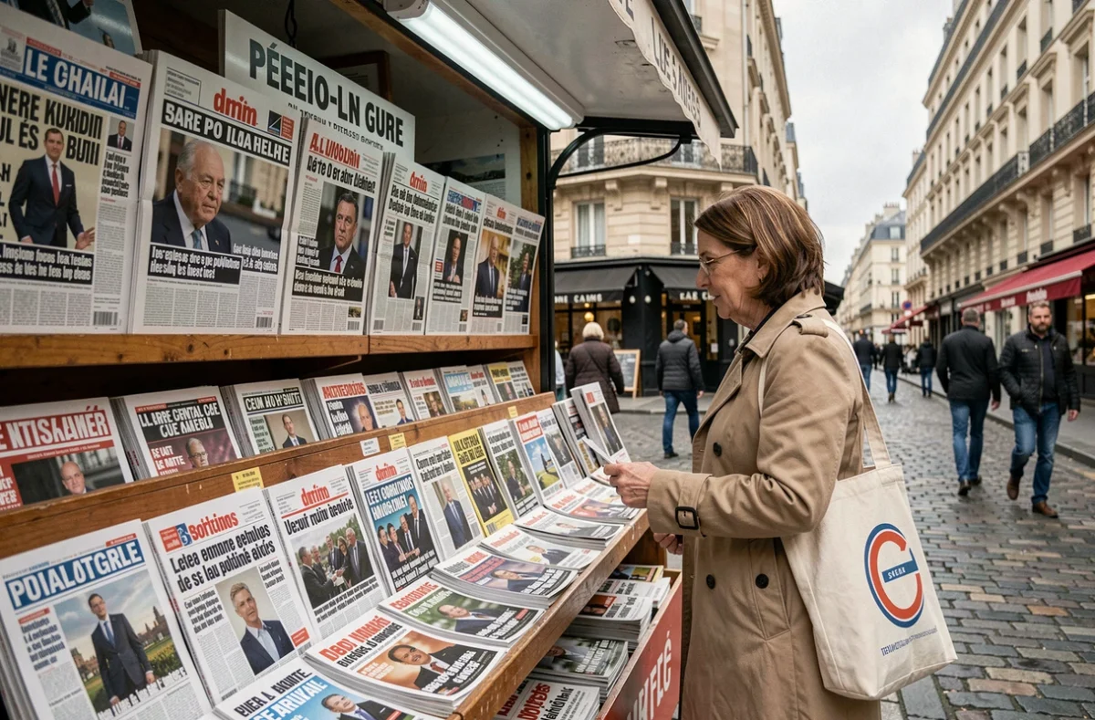 Kiosque à journaux parisien avec unes de la presse française évoquant la santé d'un homme politique, passante lisant les titres