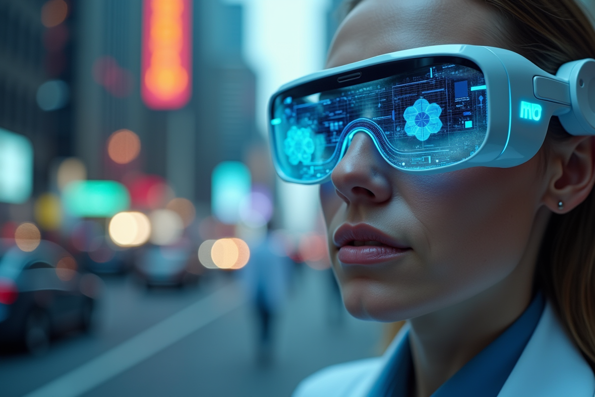 Personne utilisant des lunettes intelligentes avec interface numérique en ville futuriste