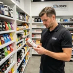 Employé d'un magasin de nutrition sportive dans le Rhône présentant des compléments alimentaires en rayon