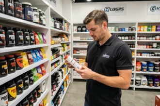 Employé d'un magasin de nutrition sportive dans le Rhône présentant des compléments alimentaires en rayon