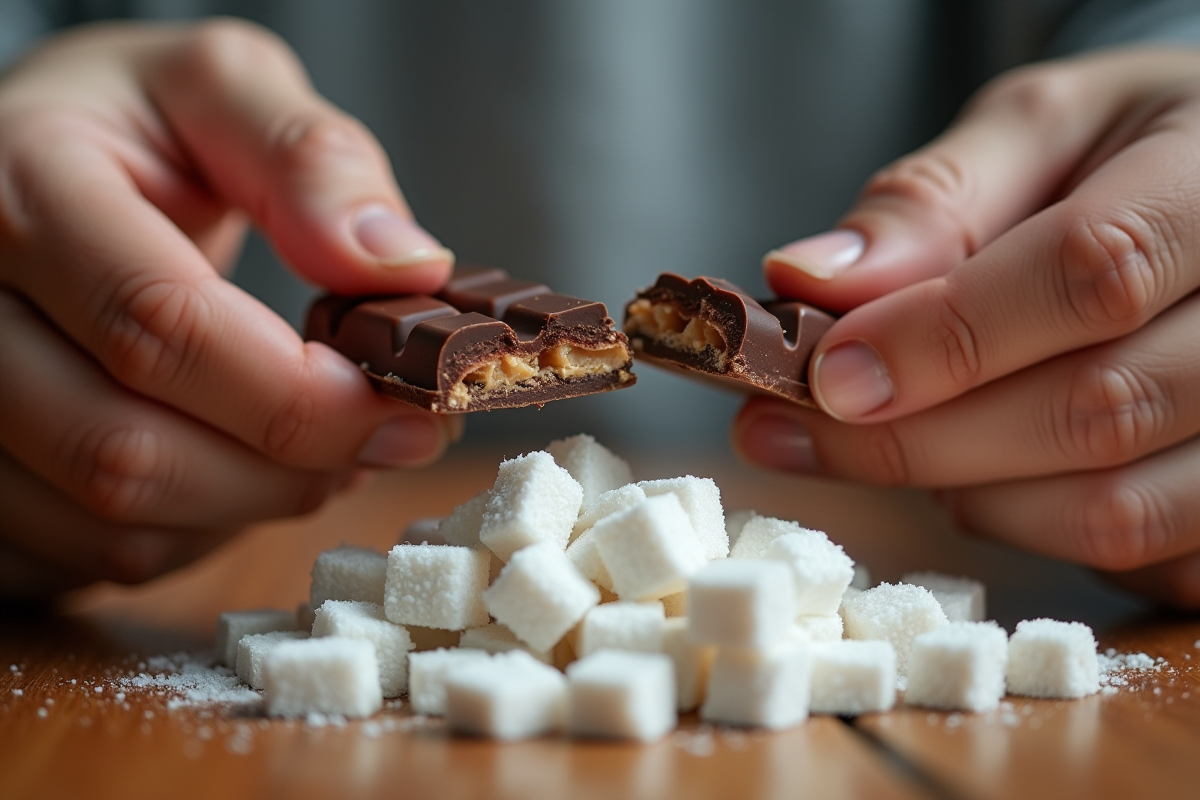 Mains cassant un chocolat avec des cubes de sucre en arrière-plan