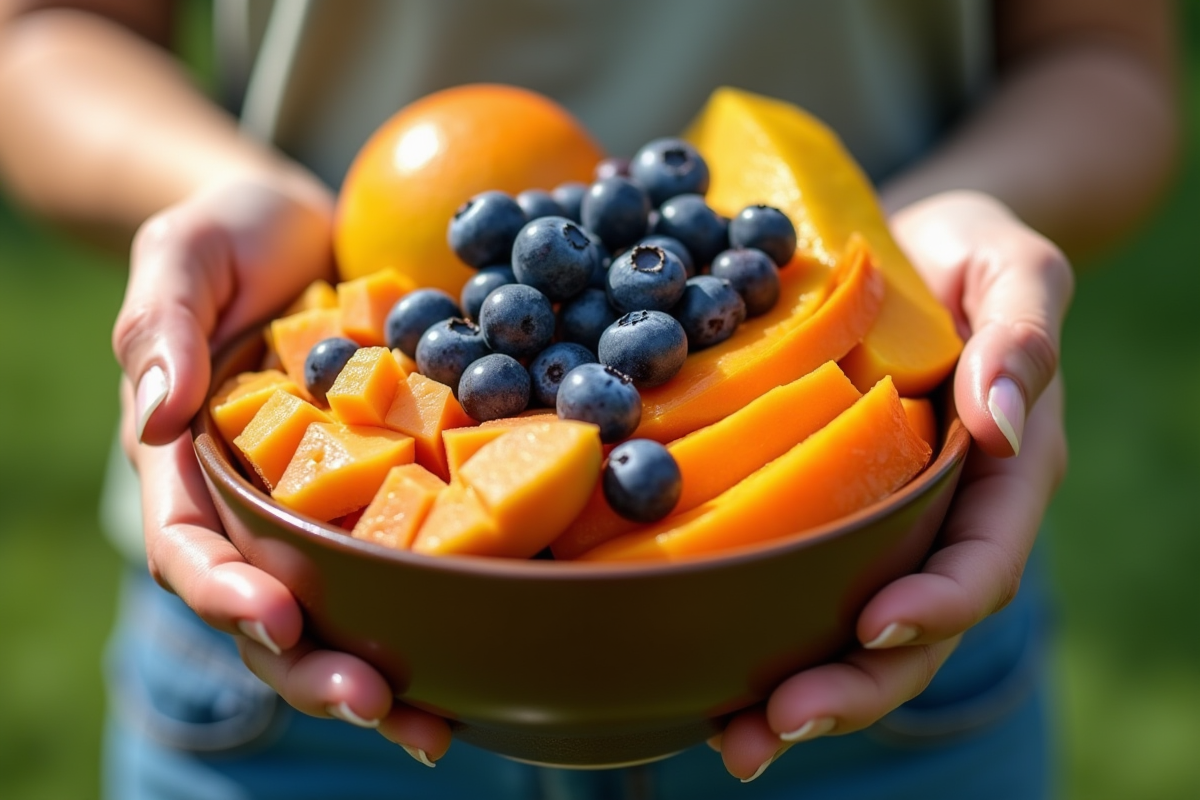 Mains tenant un bol de fruits riches en vitamine D en plein jour