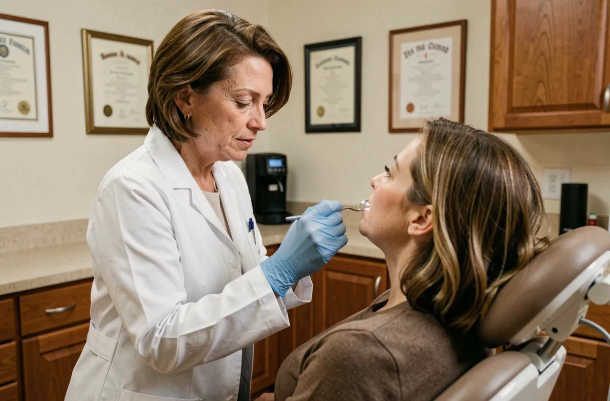 Marie-Odile Girard, chirurgien-dentiste, examinant une patiente dans son cabinet de l'Ain