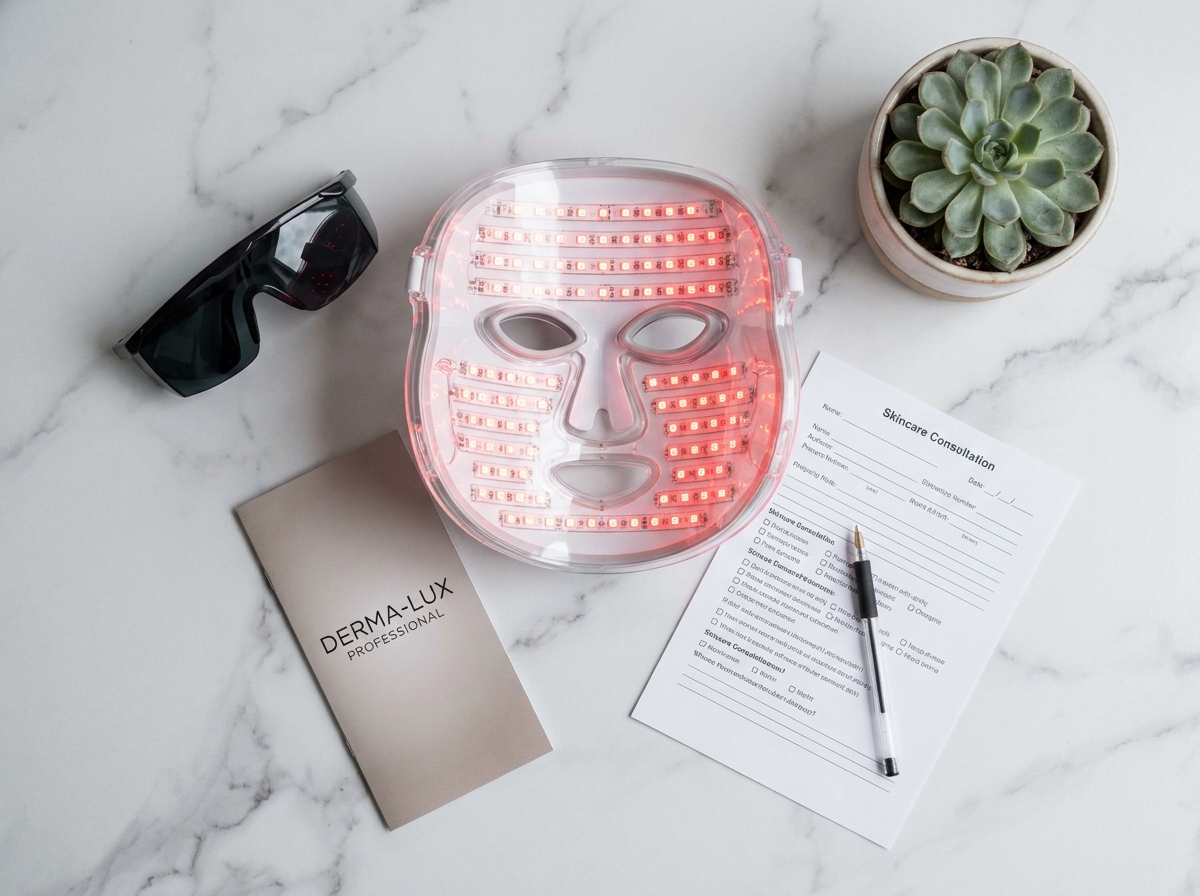Masque LED de photobiomodulation posé sur marbre blanc avec lunettes protectrices et documents de précautions pour thérapie lumineuse