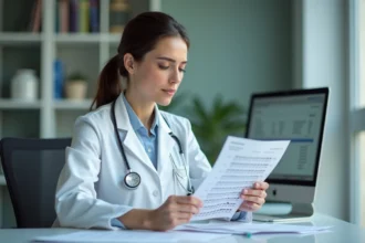 Médecin analysant des résultats de sérologie EBV avec anticorps IgG anti-VCA et anti-EBNA positifs