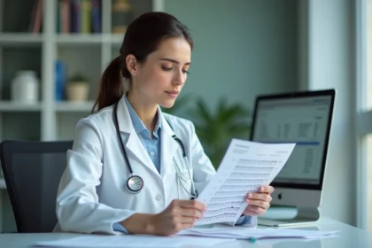 Médecin analysant des résultats de sérologie EBV avec anticorps IgG anti-VCA et anti-EBNA positifs