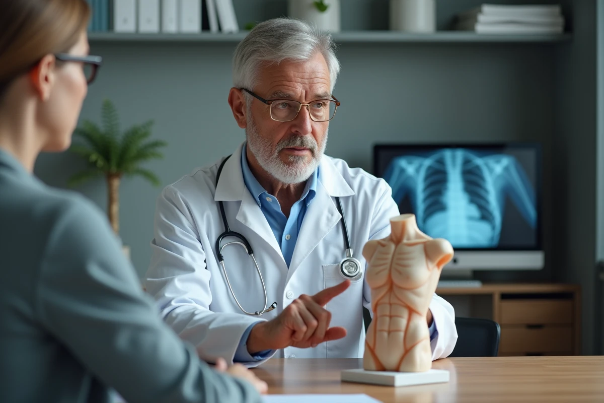 Médecin expliquant la localisation de la côte flottante sur un modèle anatomique lors d'une consultation médicale