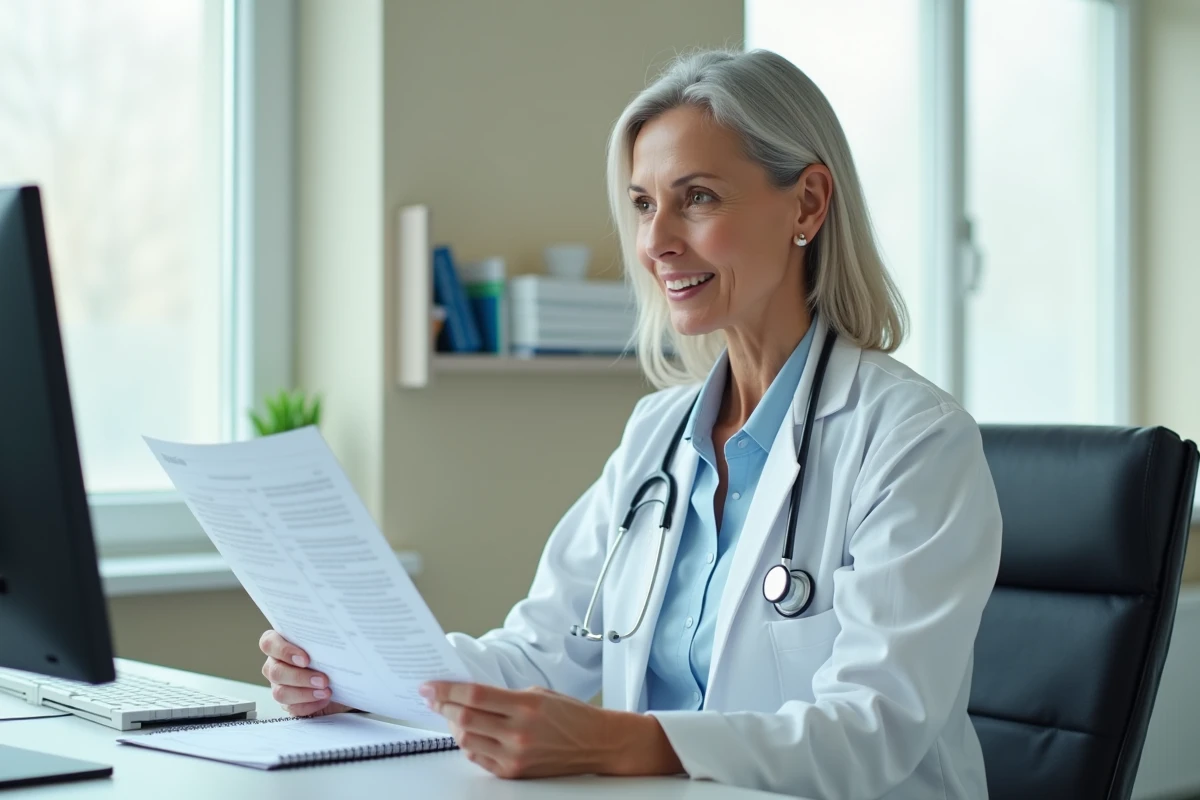 Médecin examinant des résultats d'analyses médicales pour diagnostiquer des marbrures cutanées et troubles circulatoires