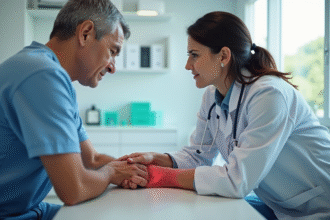 Médecin examinant un bras éczémeux en cabinet