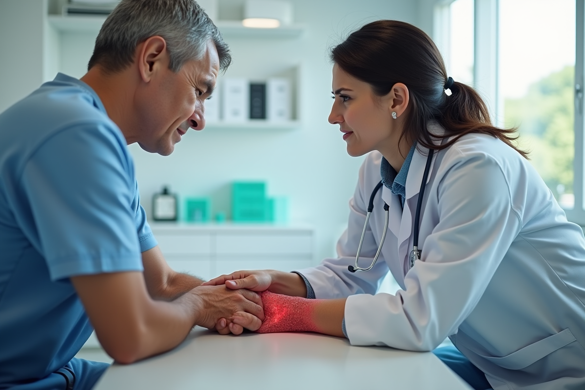 Médecin examinant un bras éczémeux en cabinet