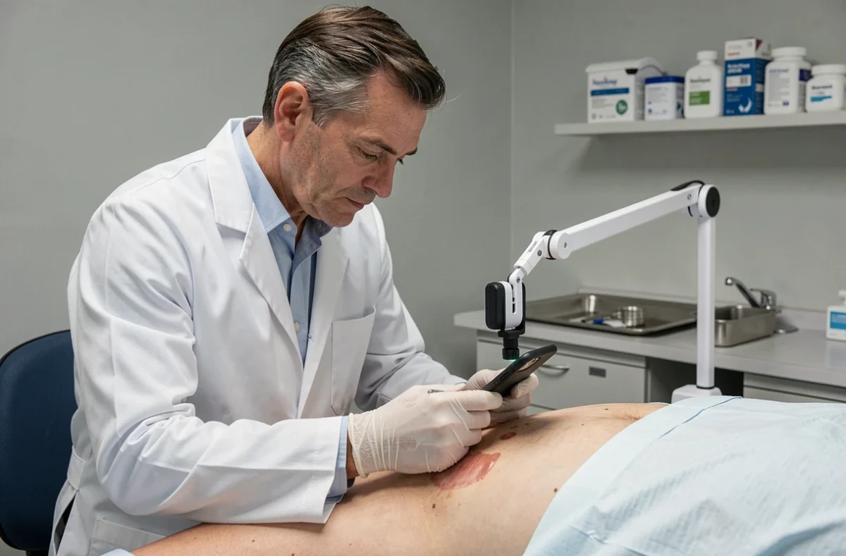 Médecin utilisant un smartphone pour photographier et documenter une escarre sacrée lors d'une consultation de soins de plaies