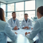 Professionnels de santé discutant de salaires dans un hôpital moderne