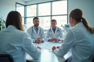 Professionnels de santé discutant de salaires dans un hôpital moderne