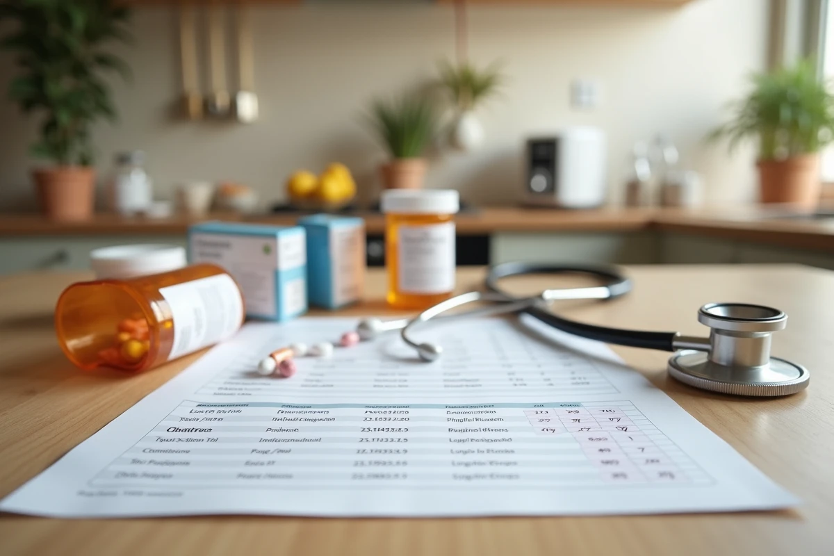 Médicaments courants et résultats d'analyse sanguine montrant les taux de transaminases SGPT posés sur une table en bois