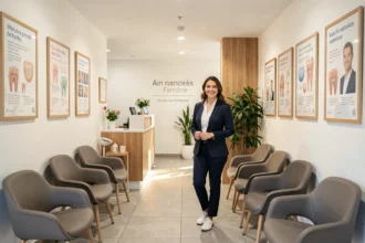 Salle d'attente moderne d'un cabinet dentaire dans l'Ain avec une réceptionniste souriante