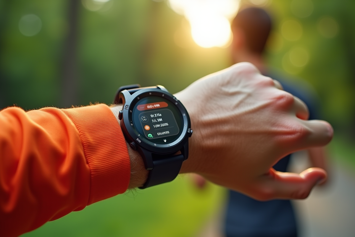 Montre connectee de sport sur poignet de coureur en plein air