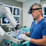 Neurochirurgien de Tours aux côtés d'un bras robotisé chirurgical dans un bloc opératoire moderne en 2026