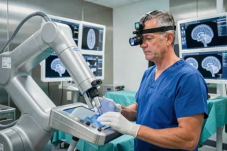 Neurochirurgien de Tours aux côtés d'un bras robotisé chirurgical dans un bloc opératoire moderne en 2026